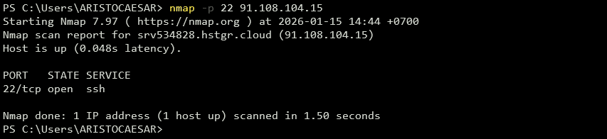 Hasil scanning Nmap port 22 terbuka